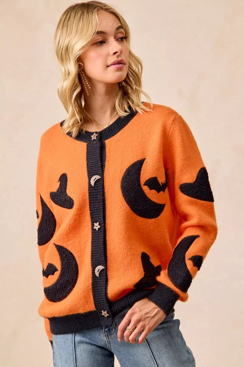 BiBi BiBi Halloween Witch Hat Moon Bat Artwork Cardigan