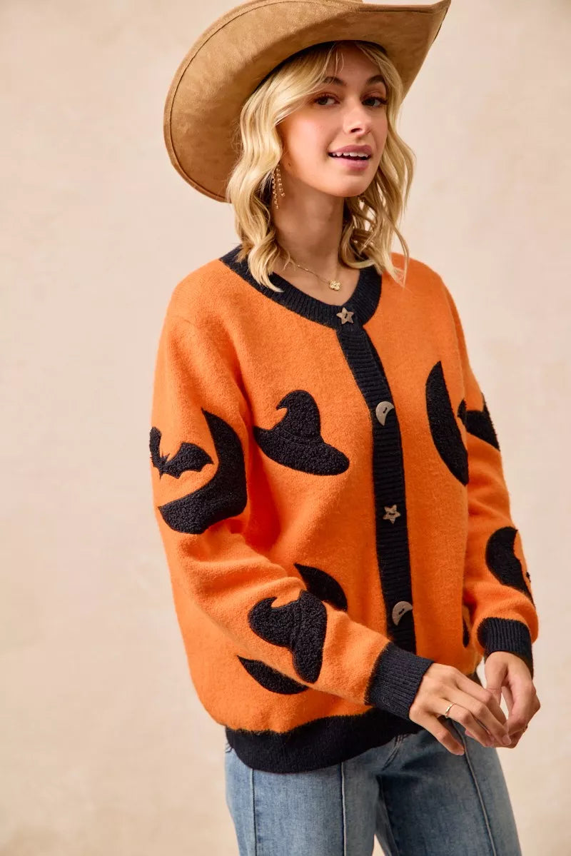 BiBi BiBi Halloween Witch Hat Moon Bat Artwork Cardigan