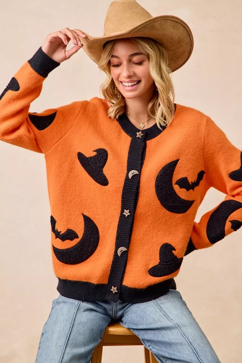BiBi BiBi Halloween Witch Hat Moon Bat Artwork Cardigan