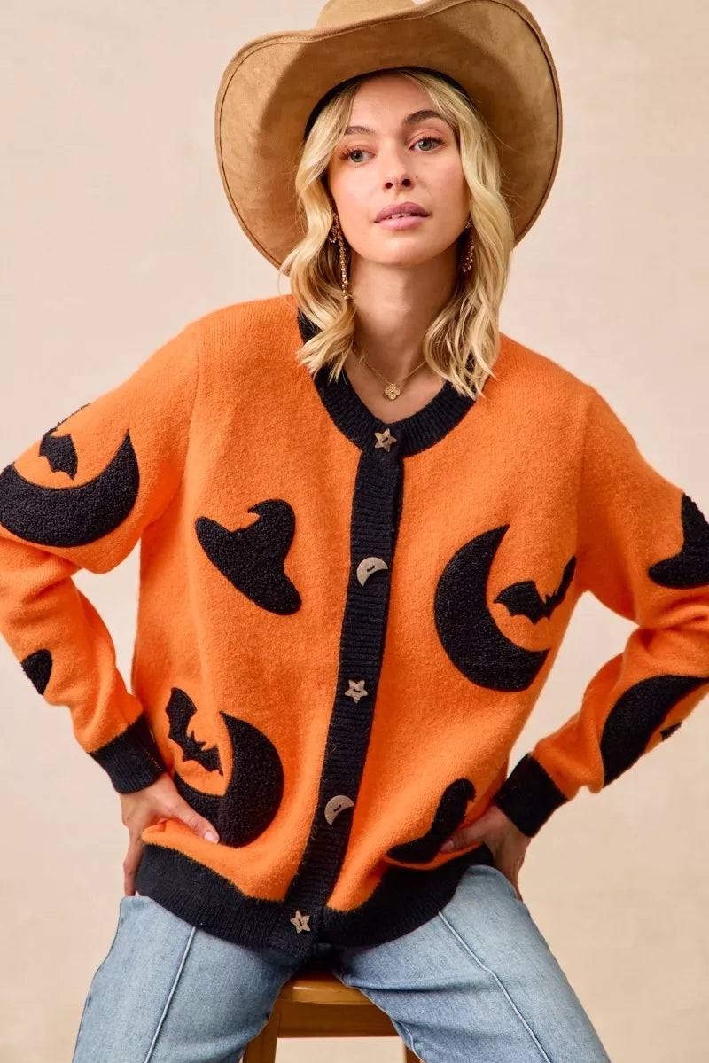 BiBi BiBi Halloween Witch Hat Moon Bat Artwork Cardigan