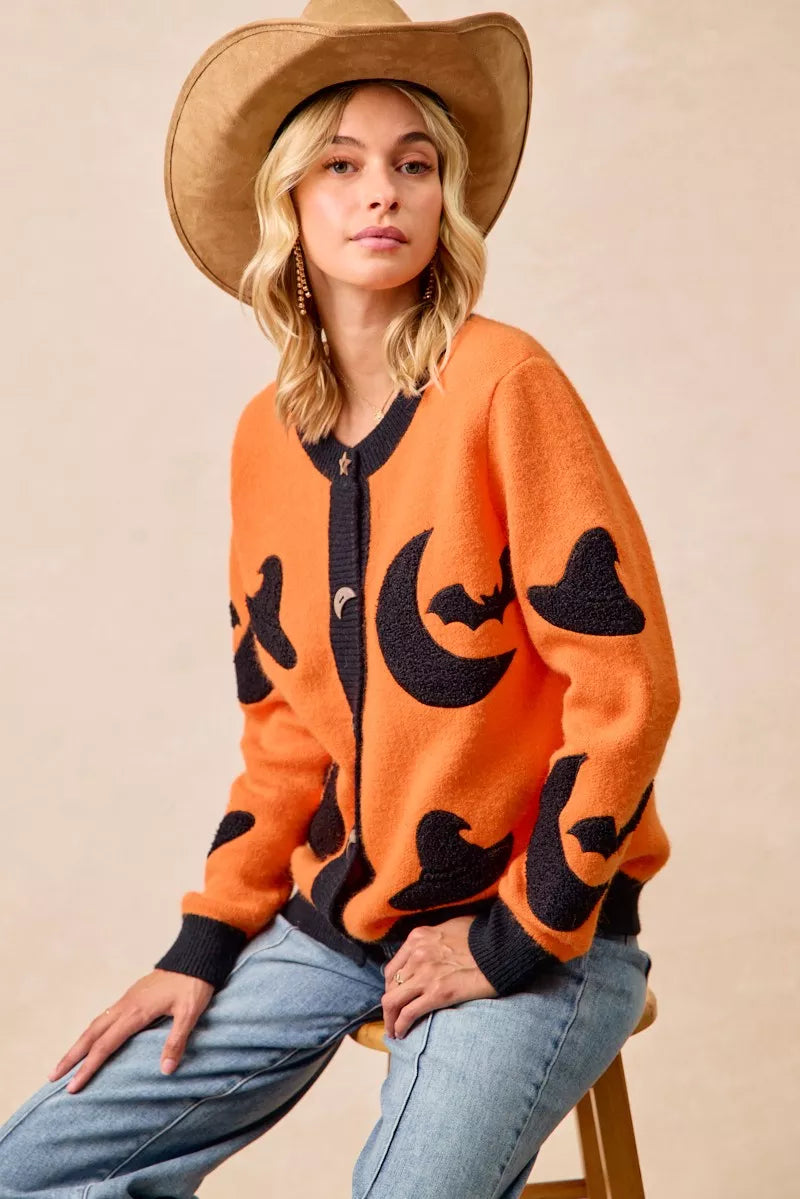 BiBi BiBi Halloween Witch Hat Moon Bat Artwork Cardigan