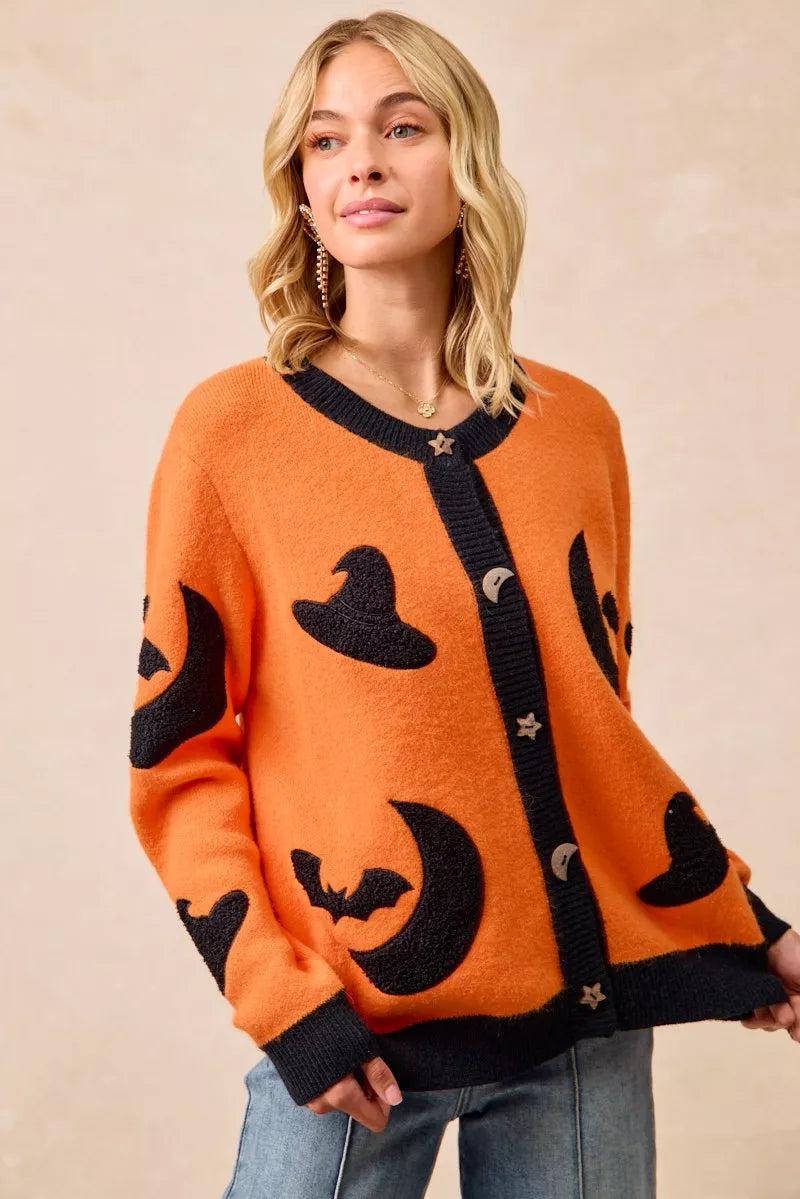 BiBi BiBi Halloween Witch Hat Moon Bat Artwork Cardigan