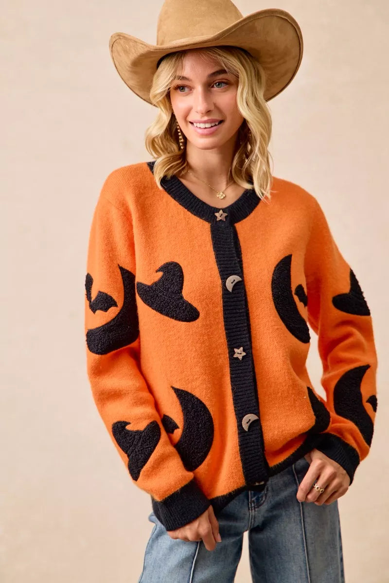 BiBi BiBi Halloween Witch Hat Moon Bat Artwork Cardigan