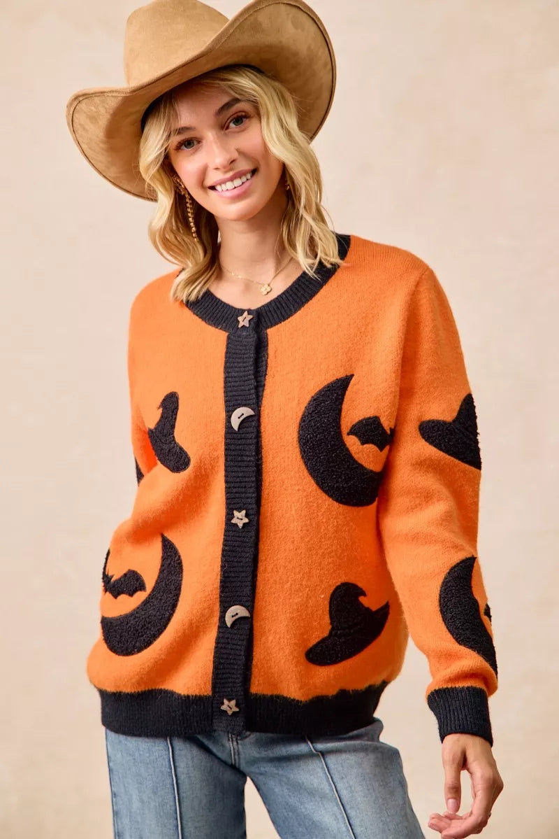 BiBi BiBi Halloween Witch Hat Moon Bat Artwork Cardigan