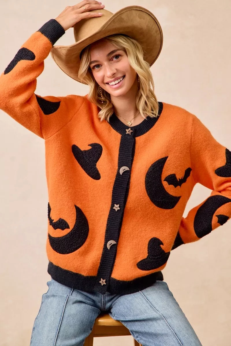 BiBi BiBi Halloween Witch Hat Moon Bat Artwork Cardigan