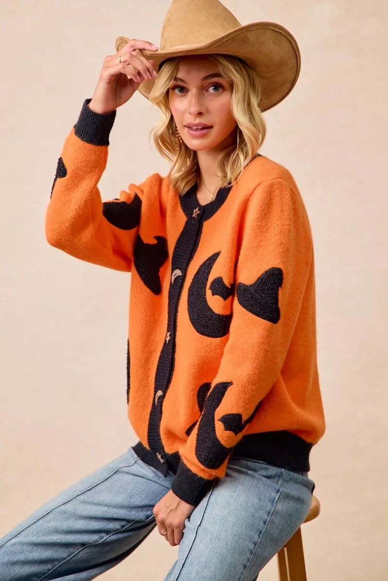 BiBi BiBi Halloween Witch Hat Moon Bat Artwork Cardigan