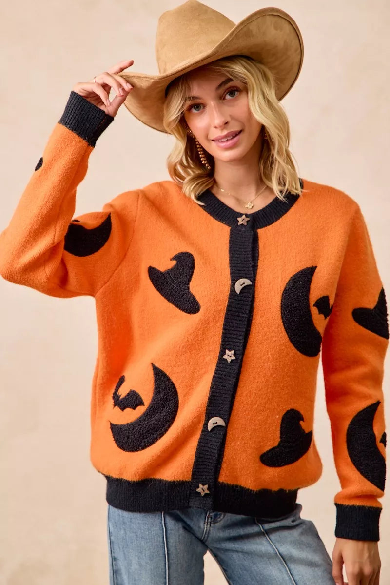 BiBi BiBi Halloween Witch Hat Moon Bat Artwork Cardigan