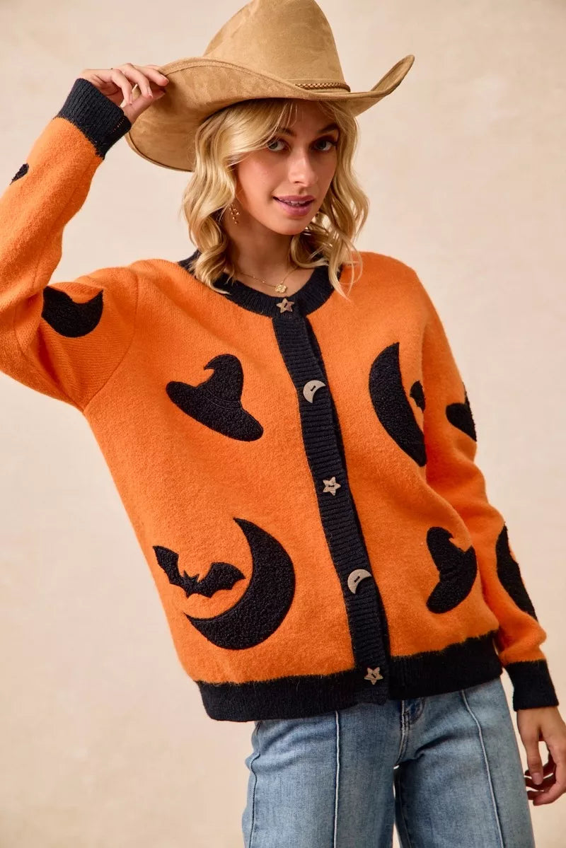 BiBi BiBi Halloween Witch Hat Moon Bat Artwork Cardigan