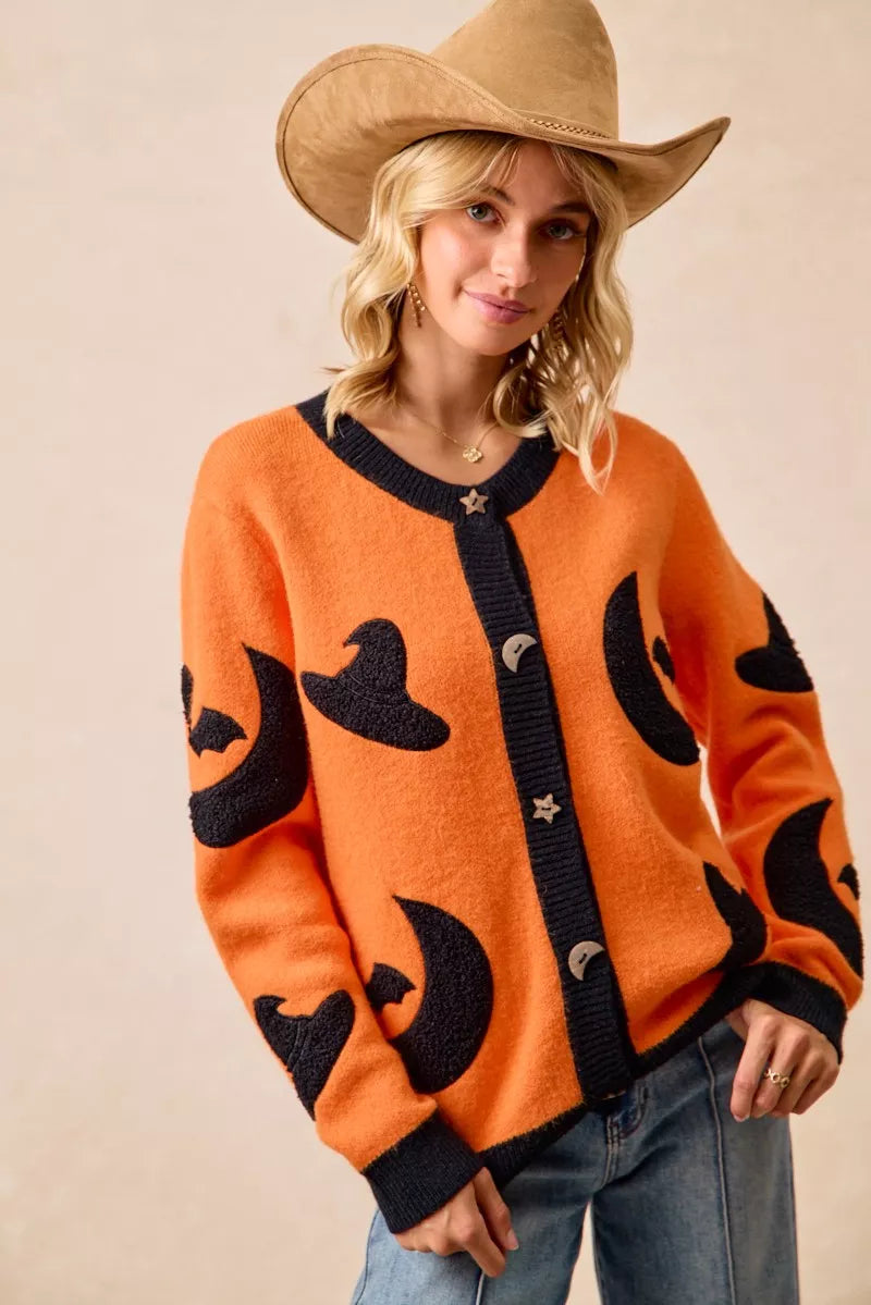 BiBi BiBi Halloween Witch Hat Moon Bat Artwork Cardigan