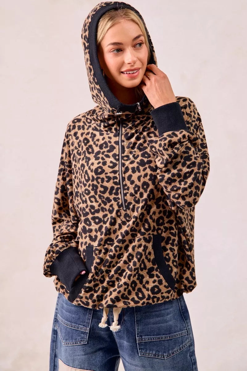 BiBi BiBi Leopard Print Waffle Half Zip Up Hoodie W Pocket