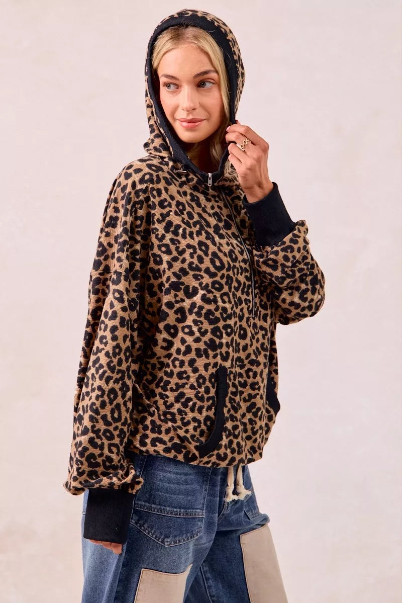 BiBi BiBi Leopard Print Waffle Half Zip Up Hoodie W Pocket