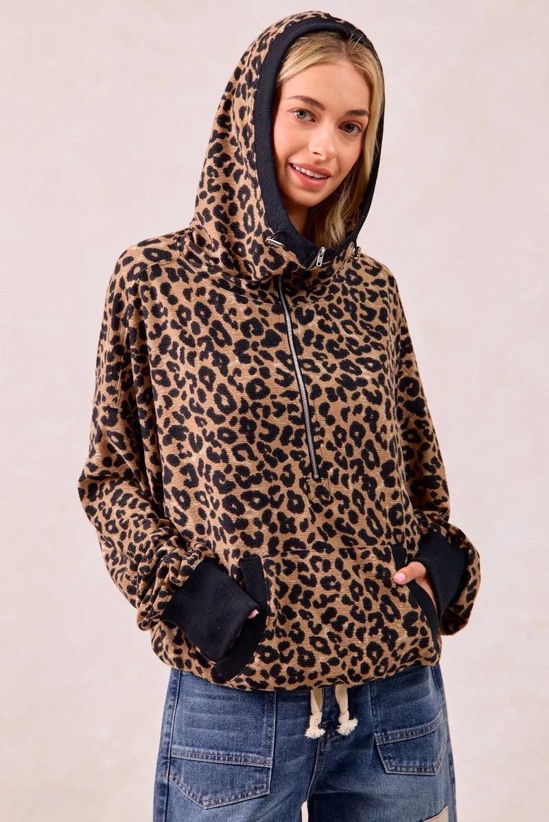 BiBi BiBi Leopard Print Waffle Half Zip Up Hoodie W Pocket