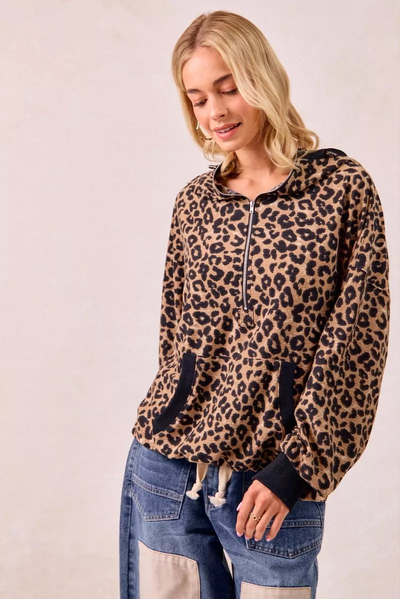 BiBi BiBi Leopard Print Waffle Half Zip Up Hoodie W Pocket