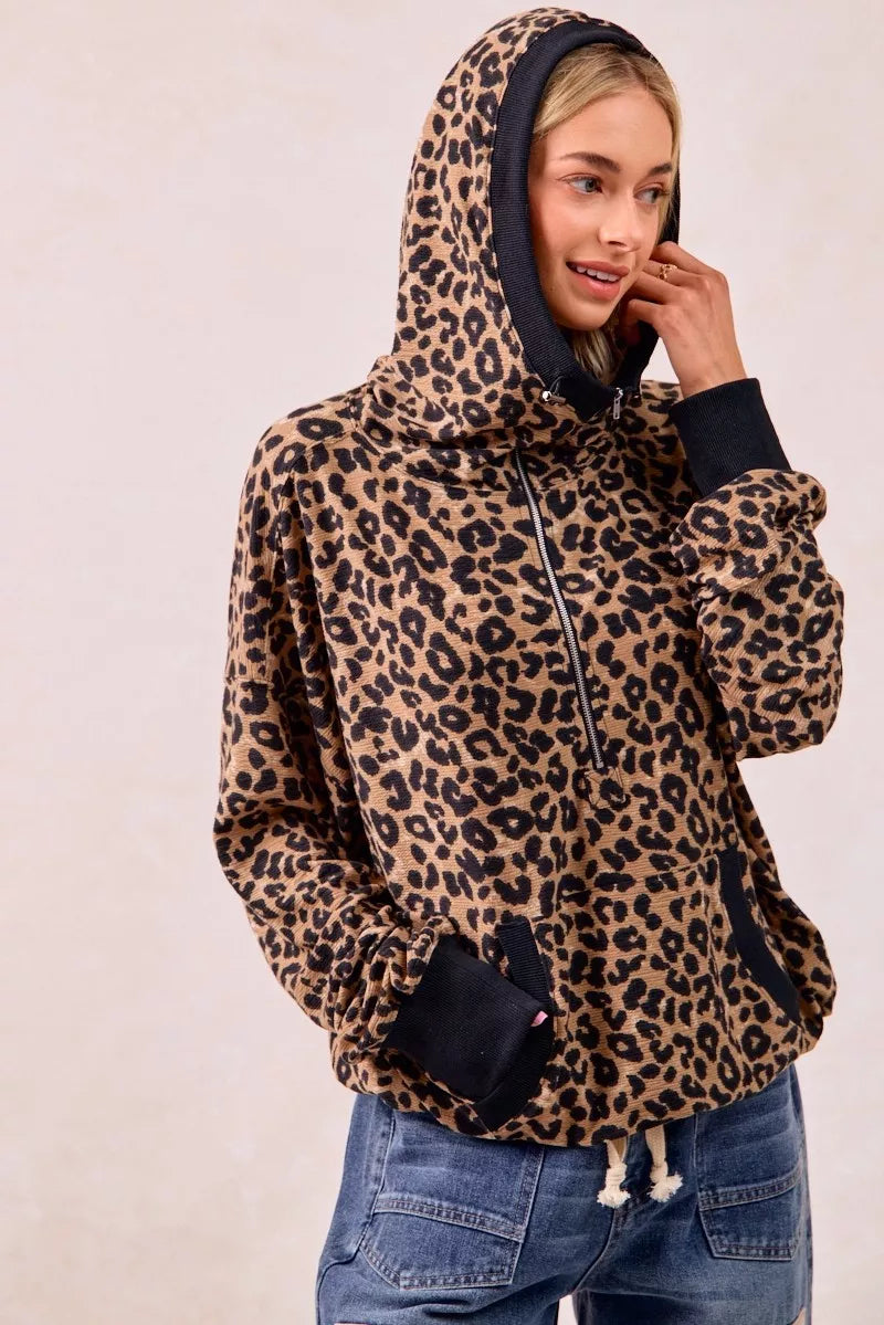 BiBi BiBi Leopard Print Waffle Half Zip Up Hoodie W Pocket