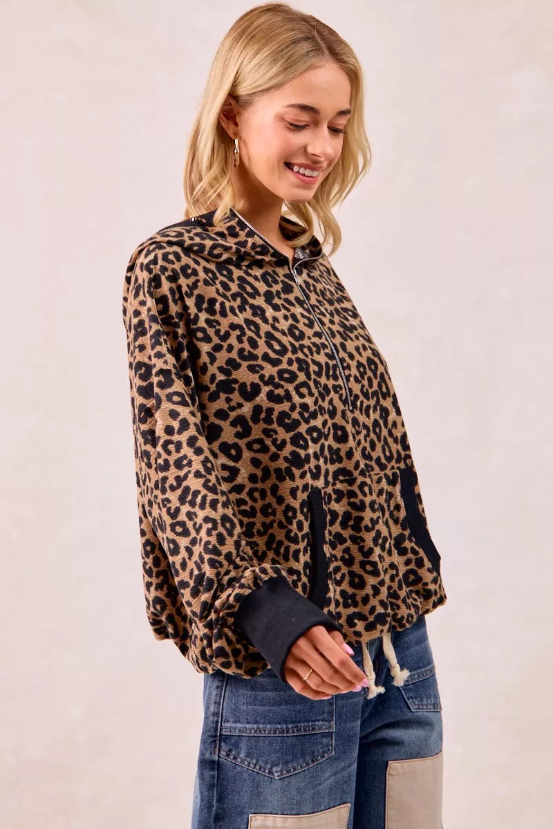 BiBi BiBi Leopard Print Waffle Half Zip Up Hoodie W Pocket