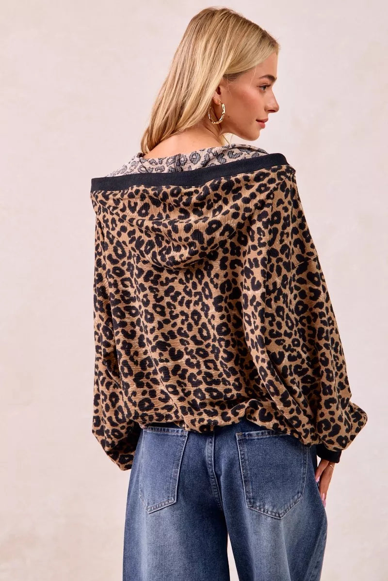 BiBi BiBi Leopard Print Waffle Half Zip Up Hoodie W Pocket