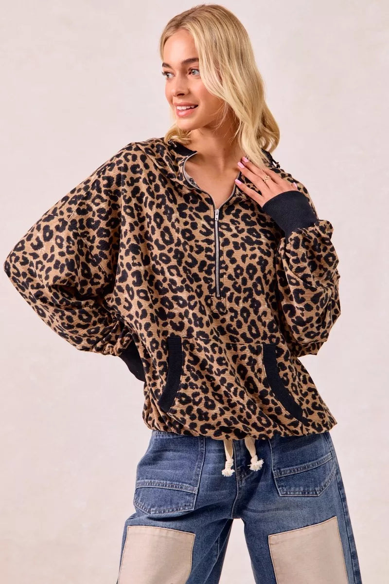 BiBi BiBi Leopard Print Waffle Half Zip Up Hoodie W Pocket