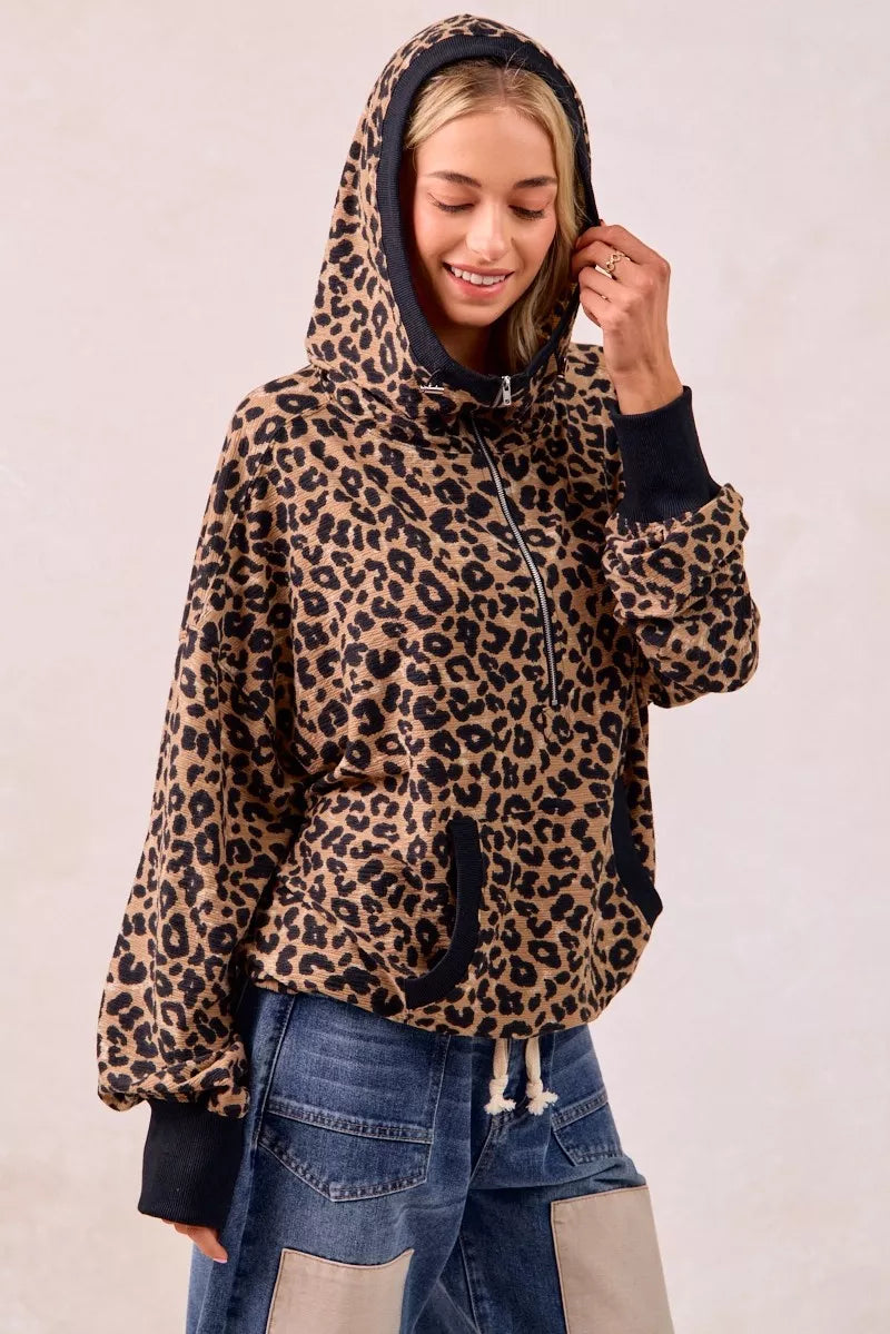 BiBi BiBi Leopard Print Waffle Half Zip Up Hoodie W Pocket