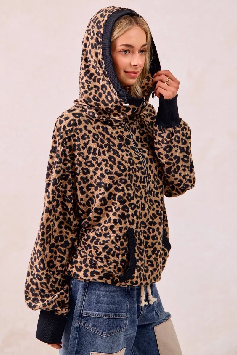 BiBi BiBi Leopard Print Waffle Half Zip Up Hoodie W Pocket