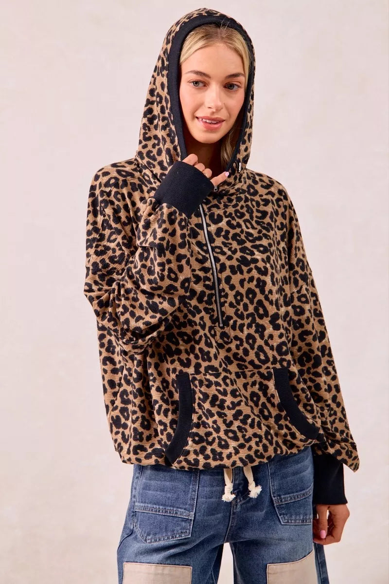 BiBi BiBi Leopard Print Waffle Half Zip Up Hoodie W Pocket