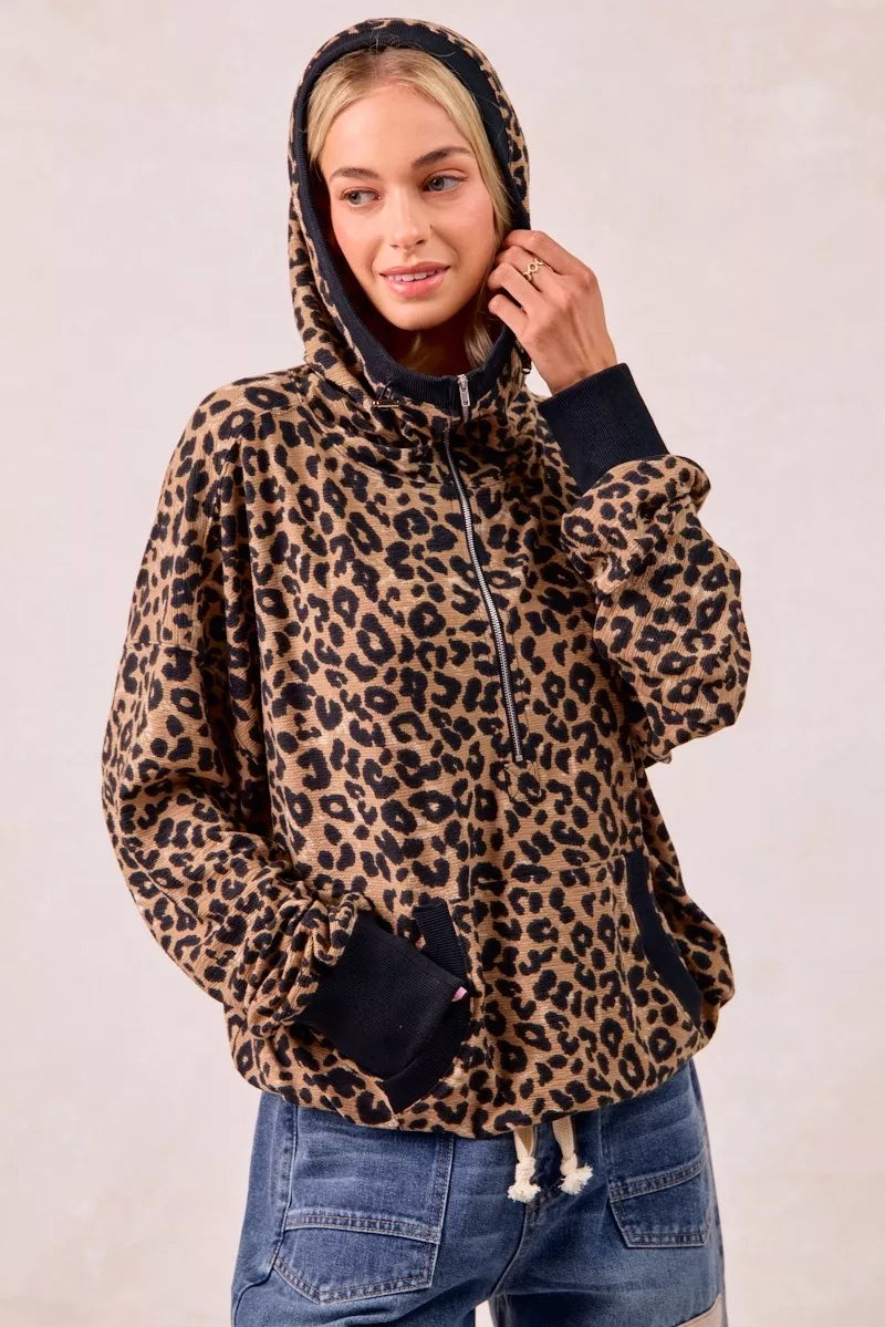 BiBi BiBi Leopard Print Waffle Half Zip Up Hoodie W Pocket