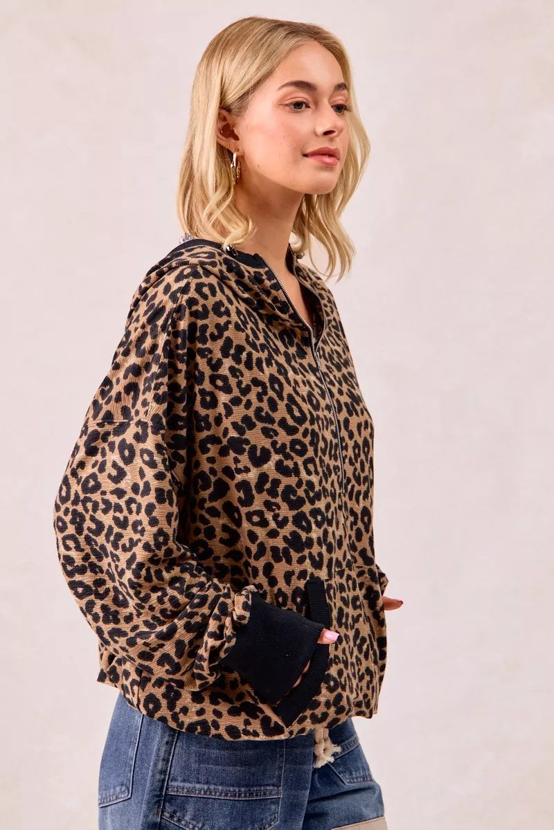 BiBi BiBi Leopard Print Waffle Half Zip Up Hoodie W Pocket