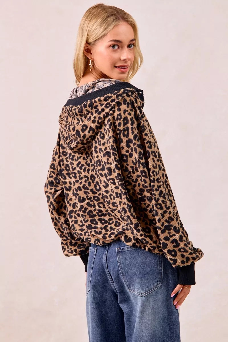BiBi BiBi Leopard Print Waffle Half Zip Up Hoodie W Pocket