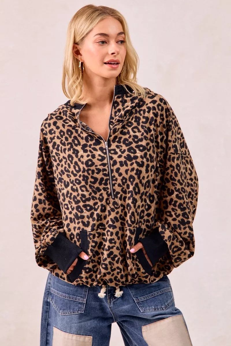 BiBi BiBi Leopard Print Waffle Half Zip Up Hoodie W Pocket