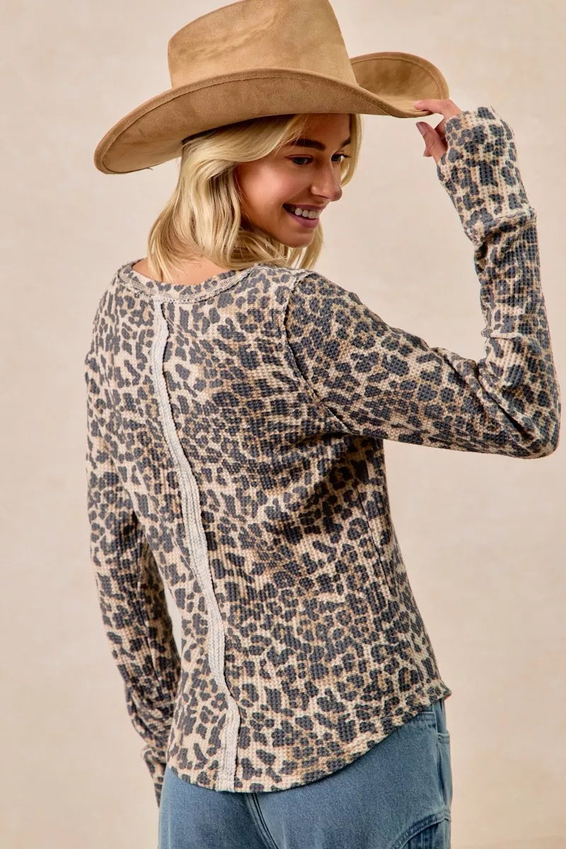 BiBi BiBi Leopard Print Washed Waffle Thermal Top with Thumb