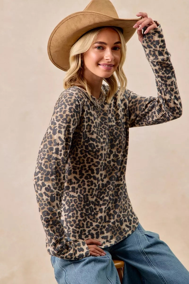 BiBi BiBi Leopard Print Washed Waffle Thermal Top with Thumb