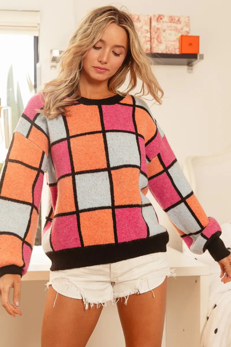 BiBi BiBi Multi Color Checker Pattern Sweater