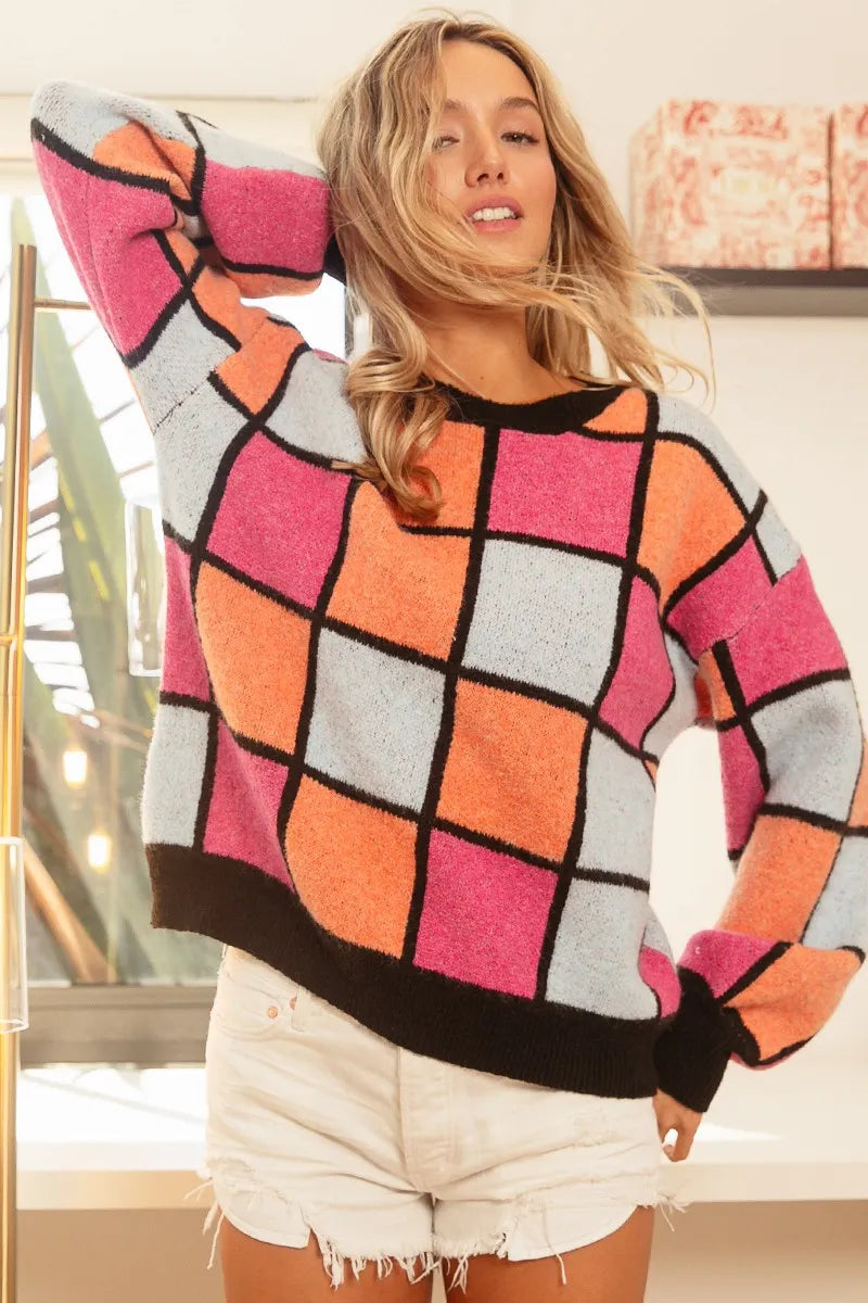 BiBi BiBi Multi Color Checker Pattern Sweater