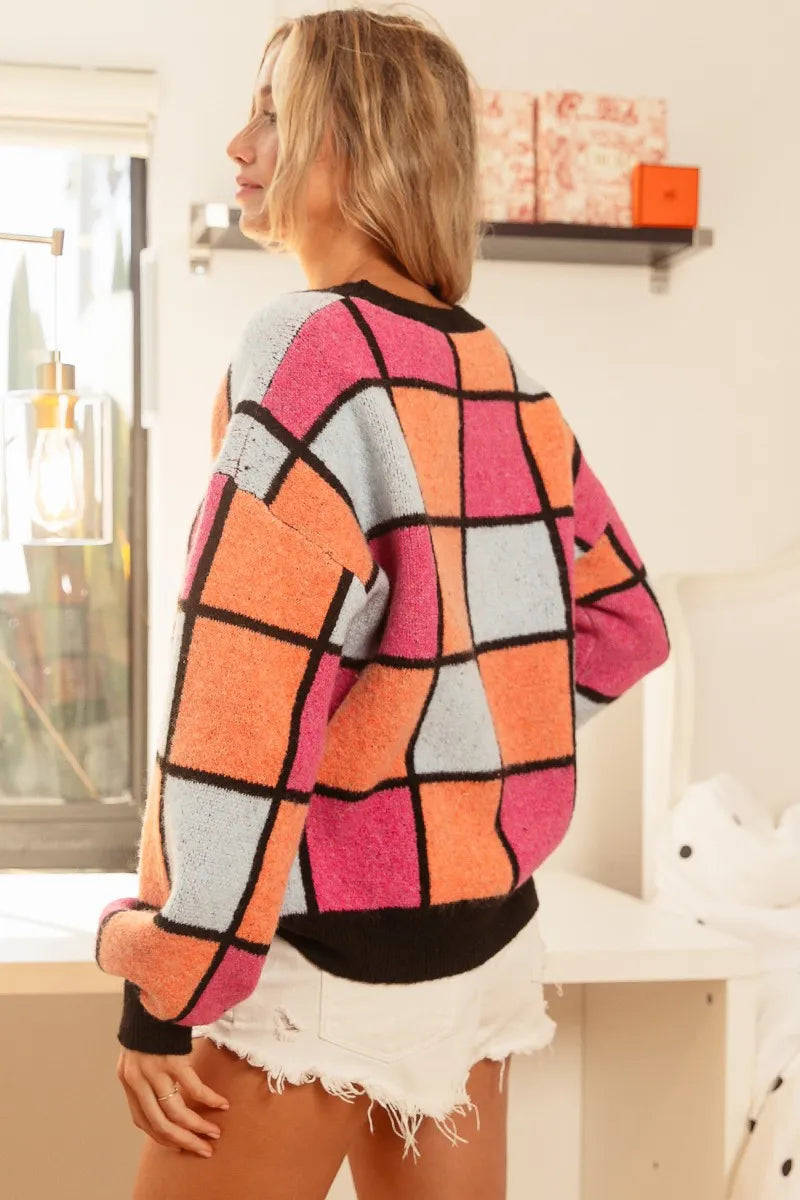 BiBi BiBi Multi Color Checker Pattern Sweater