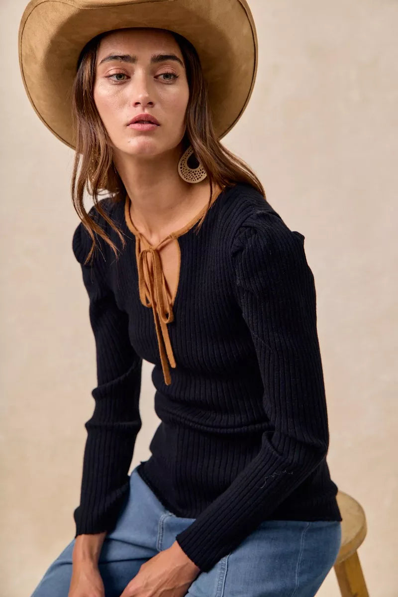 BiBi BiBi Ribbed Contrast Front Tied Top with Shrried