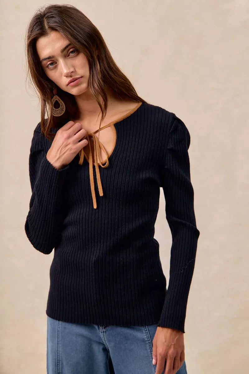 BiBi BiBi Ribbed Contrast Front Tied Top with Shrried