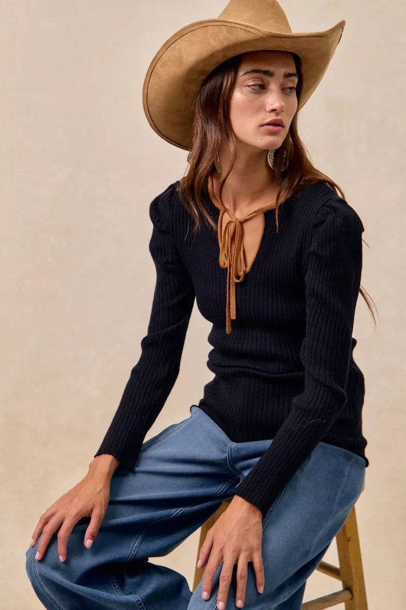 BiBi BiBi Ribbed Contrast Front Tied Top with Shrried