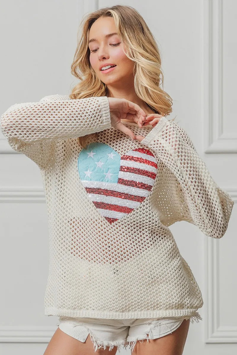 BiBi BiBi Sequin American Flag Heart Knit Up