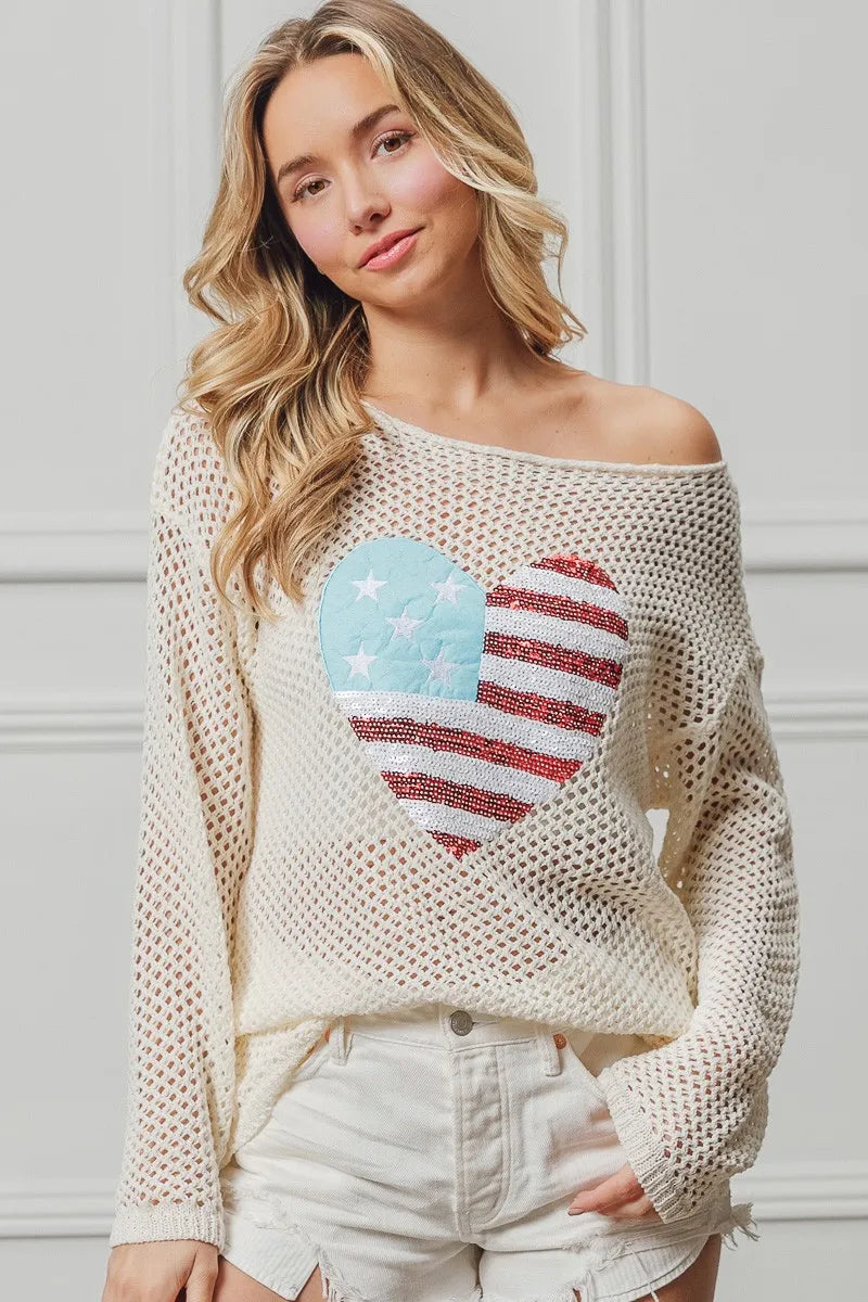 BiBi BiBi Sequin American Flag Heart Knit Up
