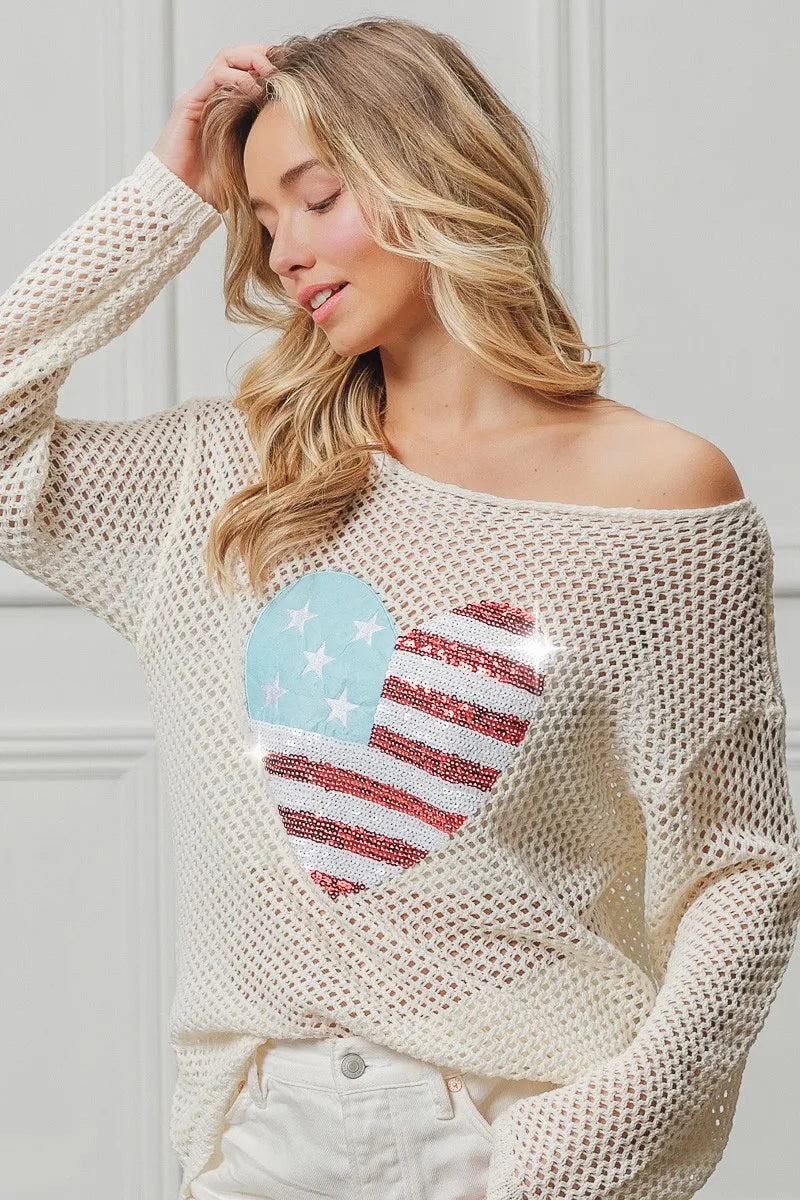 BiBi BiBi Sequin American Flag Heart Knit Up