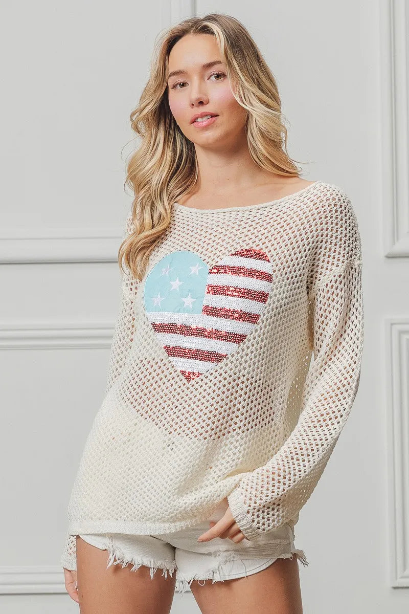 BiBi BiBi Sequin American Flag Heart Knit Up