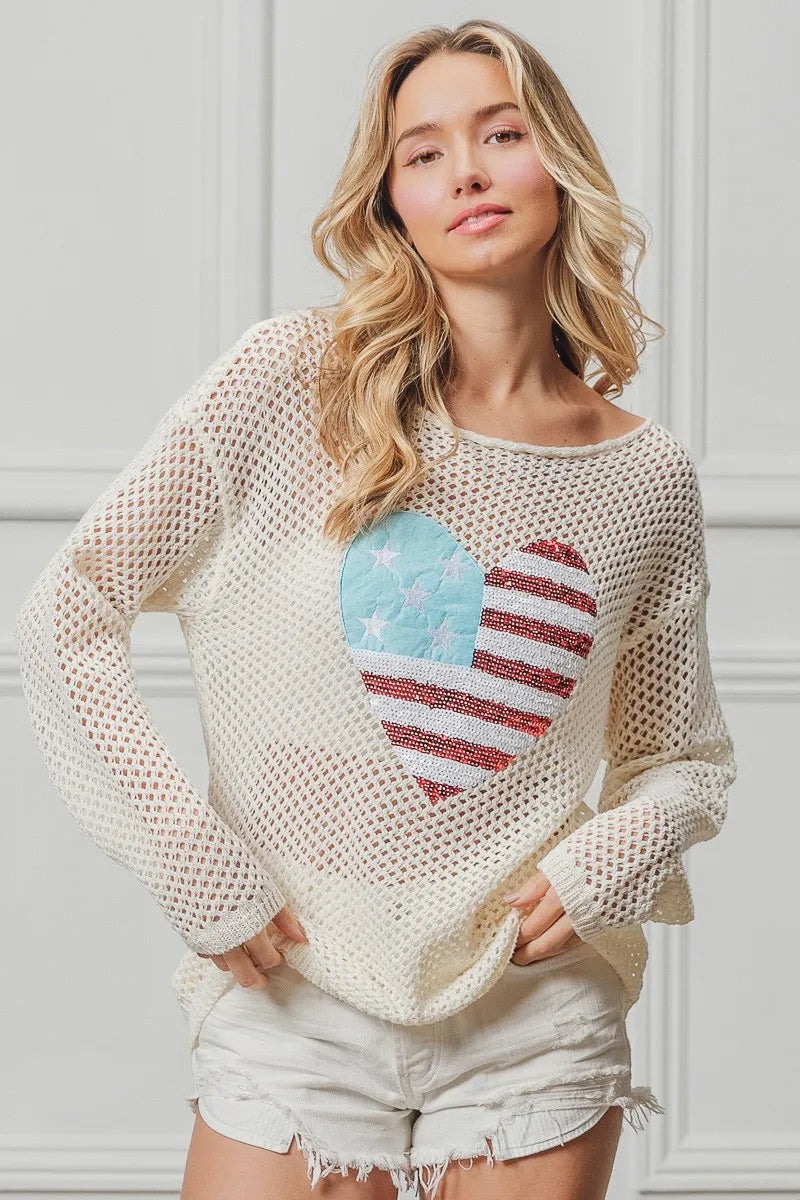 BiBi BiBi Sequin American Flag Heart Knit Up