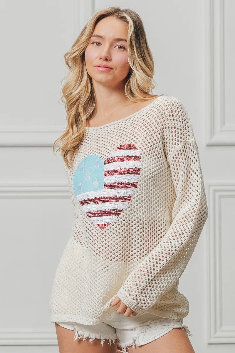 BiBi BiBi Sequin American Flag Heart Knit Up