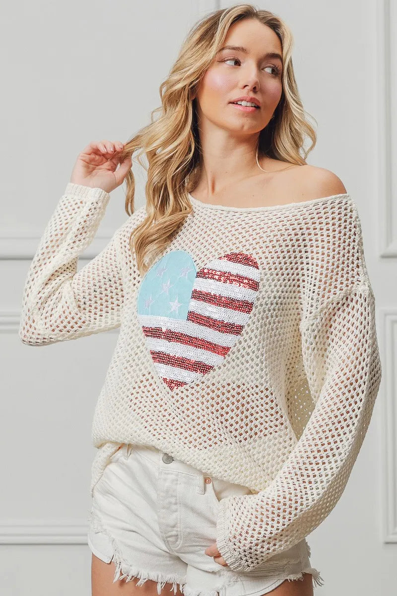 BiBi BiBi Sequin American Flag Heart Knit Up