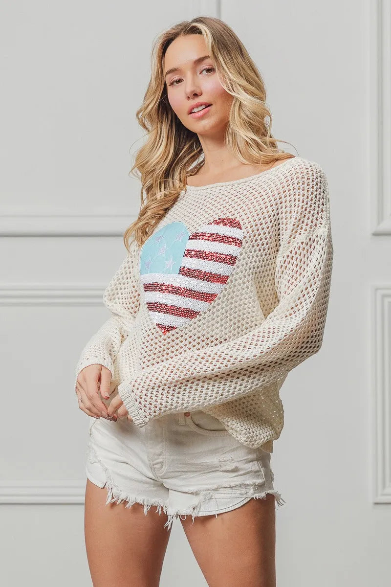 BiBi BiBi Sequin American Flag Heart Knit Up