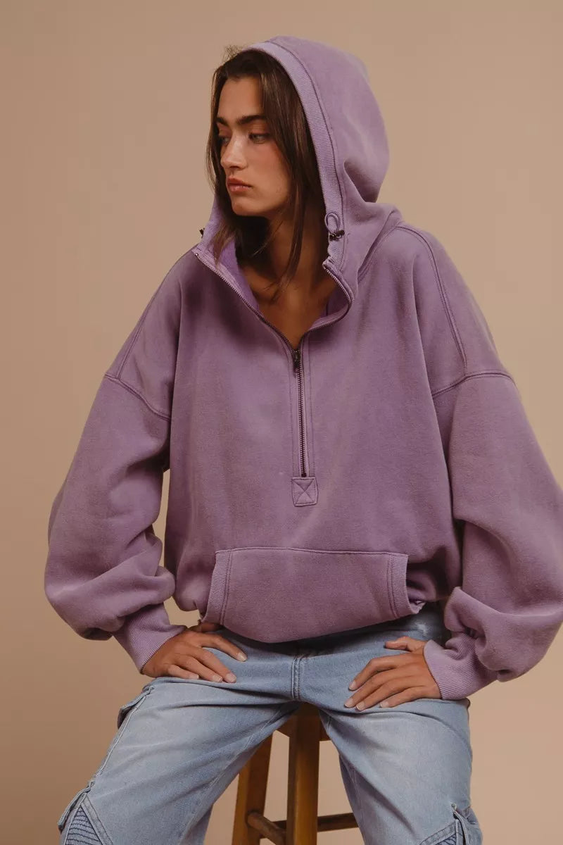 BiBi BiBi Stitch Detailed Elastic Hem Half Zip Fleece Hoodie