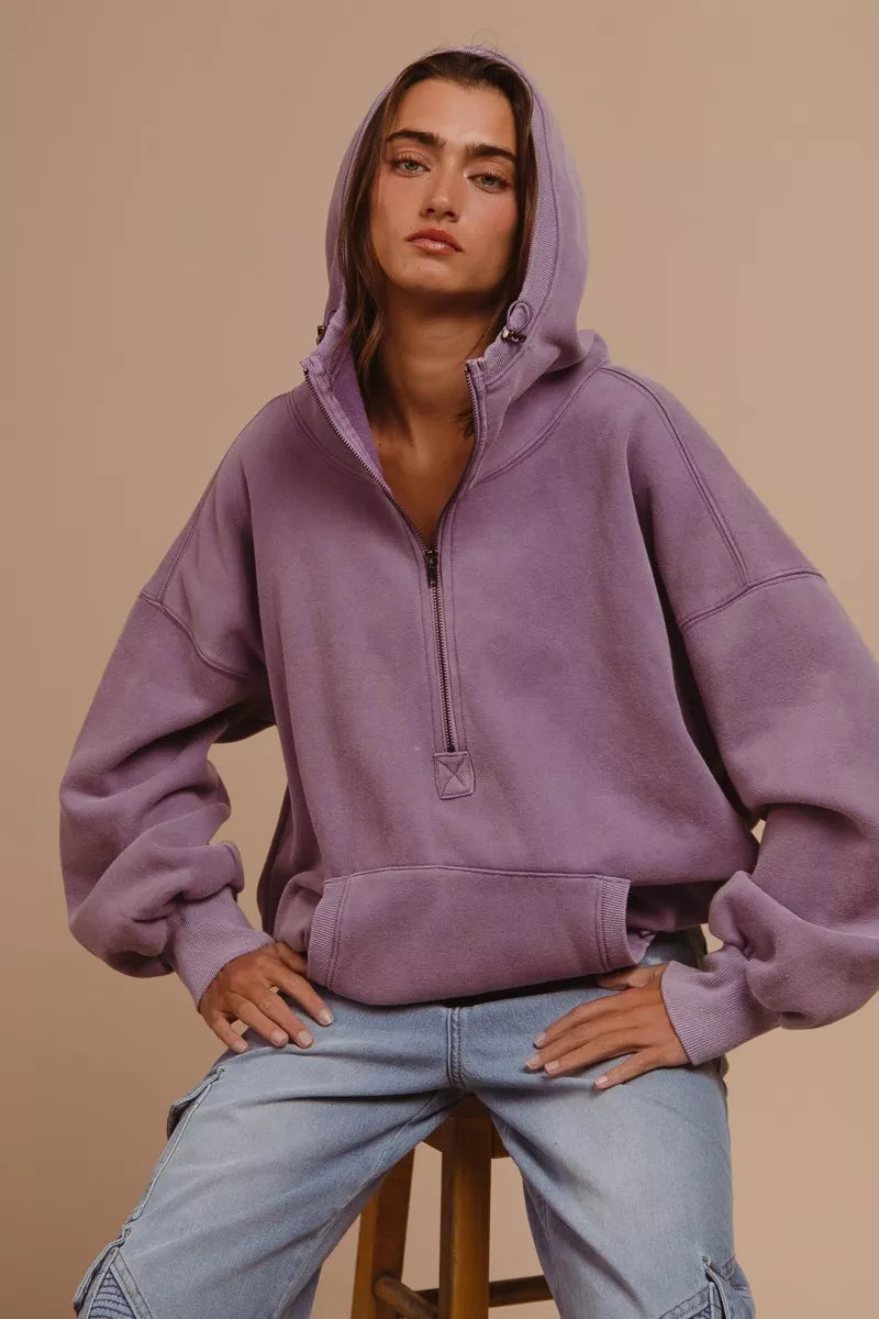 BiBi BiBi Stitch Detailed Elastic Hem Half Zip Fleece Hoodie