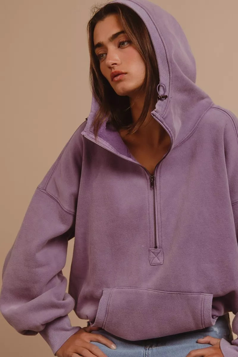 BiBi BiBi Stitch Detailed Elastic Hem Half Zip Fleece Hoodie