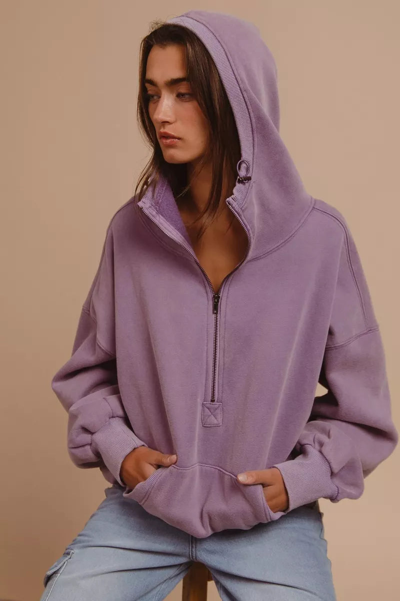 BiBi BiBi Stitch Detailed Elastic Hem Half Zip Fleece Hoodie
