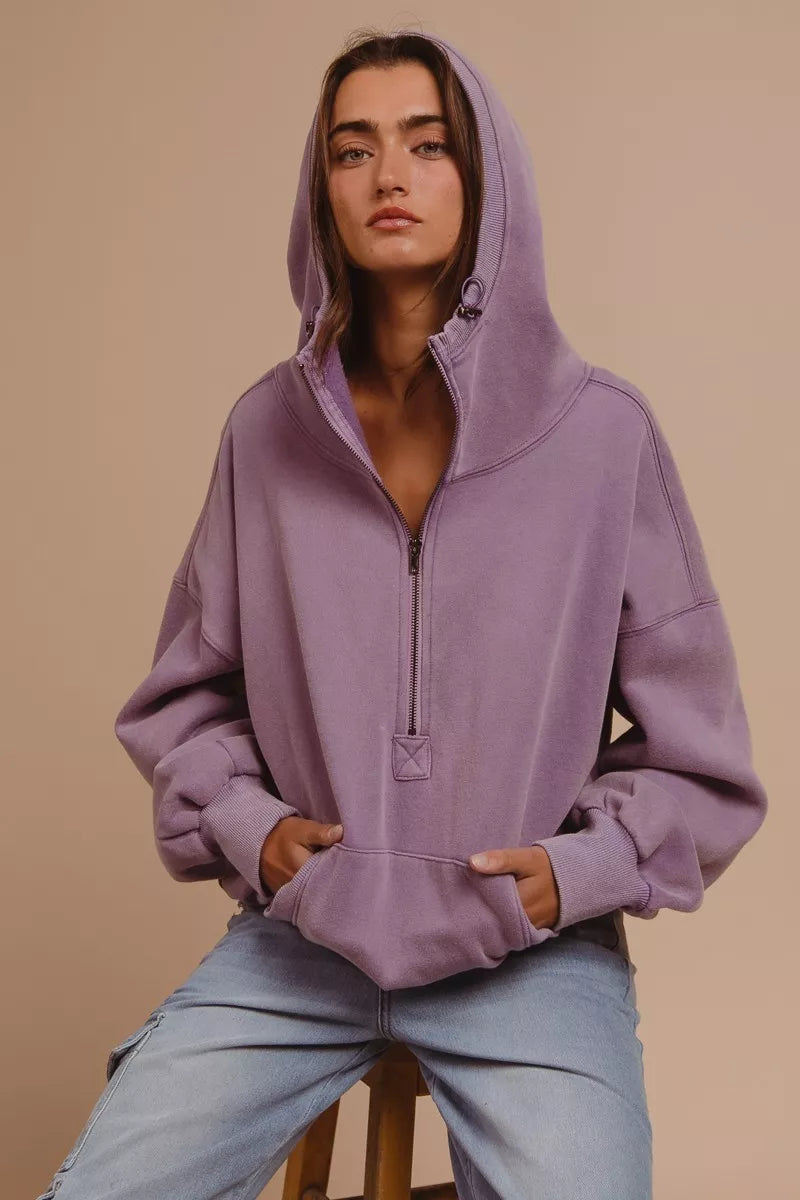 BiBi BiBi Stitch Detailed Elastic Hem Half Zip Fleece Hoodie