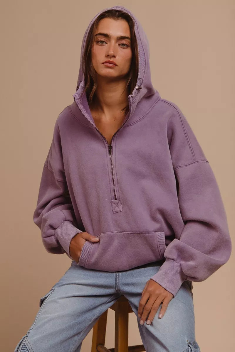 BiBi BiBi Stitch Detailed Elastic Hem Half Zip Fleece Hoodie